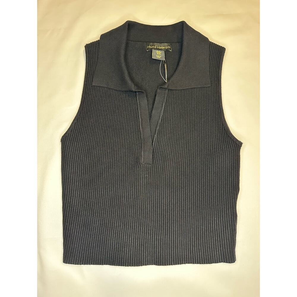 House of Harlow 1960 Luxe Ribbed Black Collared Sleeveless Top Size Medium